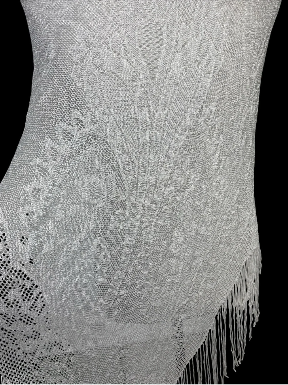 Specialty House VTG White Paisley Scarf Knit Shawl Fringe Granny Cottage Core